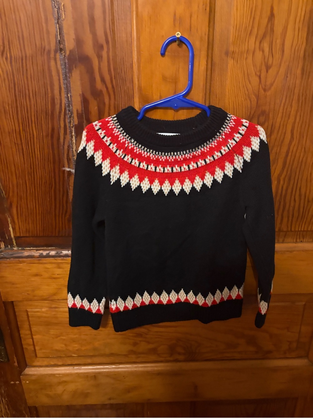 Charter Club Black Fair Isle Crewneck Sweater with Red and Cream Accents